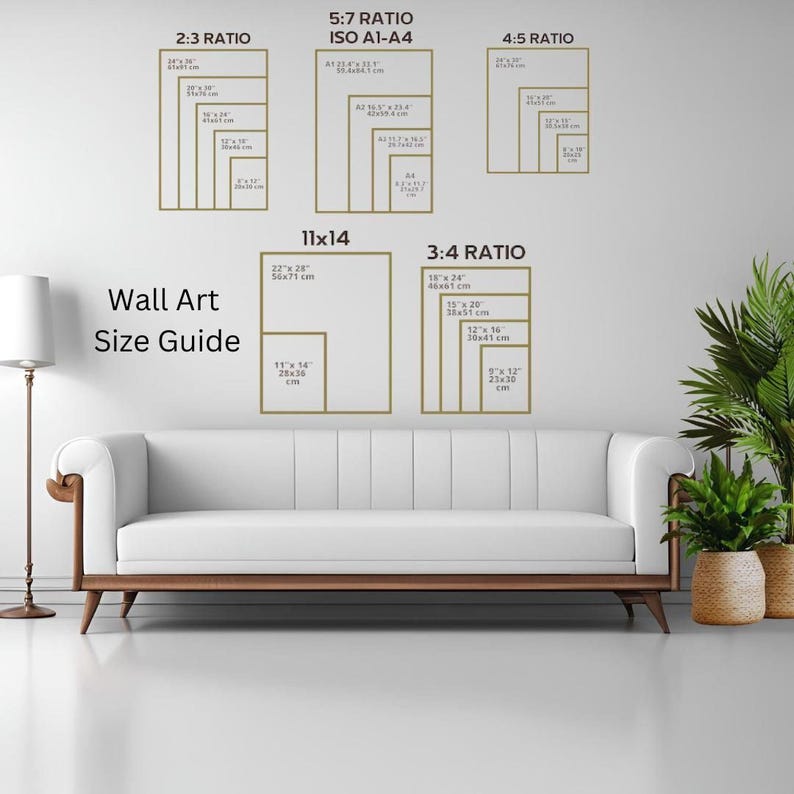 The image is a wall art size guide, featuring a white sofa and a potted plant in a living room setting. The wall art displays the sizes of various frames in different ratios, providing a visual reference for selecting the appropriate frame size for different artworks.