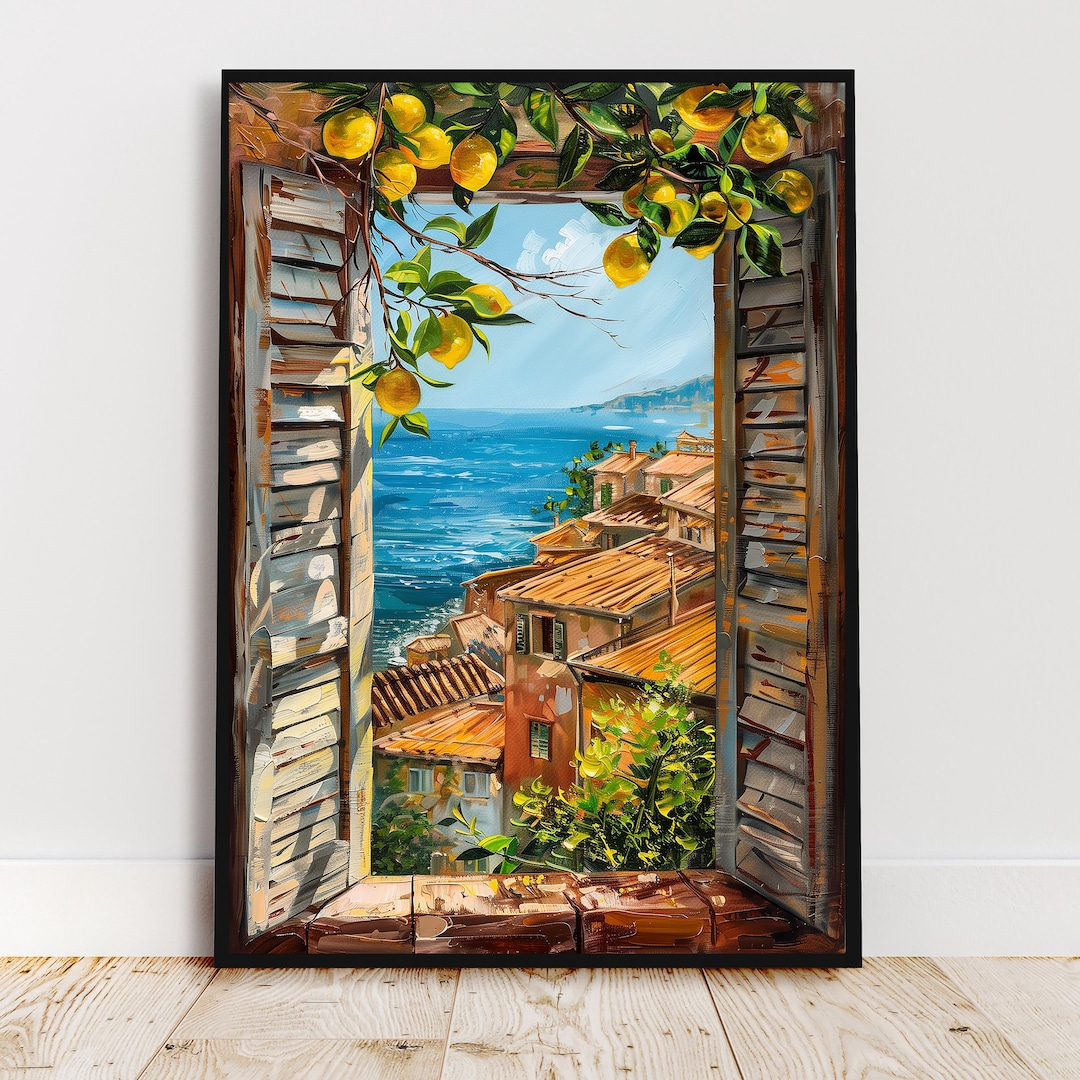 Open Window View Wall Art Mediterranean Coastal Painting Blue Sea and ...