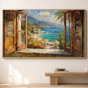 Open Window Art Kustraamkunst Strandhuisposter Zeegezichtschilderij Oceaanzicht Kunst Impressionistisch kunstwerk Rustieke huisdecoratie