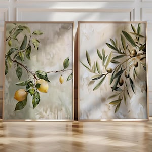 Set di 2 quadri da parete con limoni e olive, decorazioni murali per cucina mediterranea, stampa di un dipinto di limone, stampe botaniche per la cucina, decorazioni murali rustiche e neutre