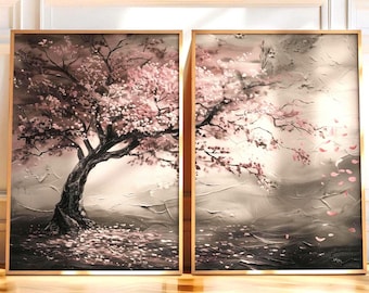 Kirschblüten-Kunstdruck, 2er-Set japanische Kirschbaum-Wandbilder, moderne rosa Wohndekoration, japanische Kirschblütenkunst, Diptychon-Wandbild