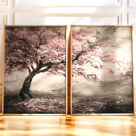 Cherry Blossom Print, Set of 2 Japanese Cherry Tree Wall Art, Modern Pink Home Decor, Cherry Blossom Japanese Art, Diptych Wall Art