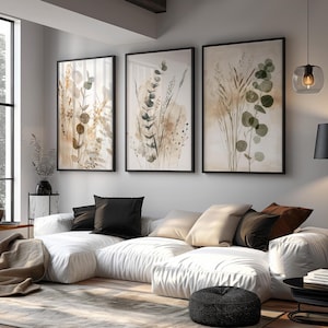 Botanical Wall Art Set of 3 Frame Artwork Neutral Minimalist Prints ...