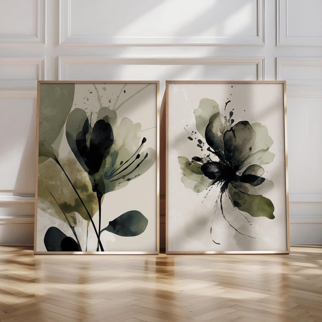 Minimalist Botanical Print Set of 2 Abstract Floral Wall Art Neutral ...