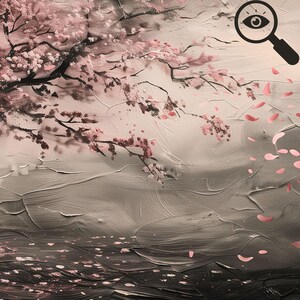 The image is a painting depicting a serene landscape with cherry blossoms in full bloom, their pink flowers contrasting against a gray and white background. The painting is detailed and captures the beauty of the cherry blossoms, with the artist's skill evident in the brushstrokes and color palette.