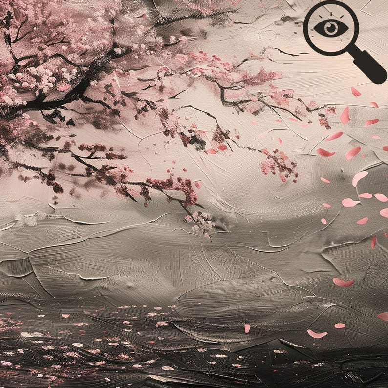 The image is a painting depicting a serene landscape with cherry blossoms in full bloom, their pink flowers contrasting against a gray and white background. The painting is detailed and captures the beauty of the cherry blossoms, with the artist's skill evident in the brushstrokes and color palette.