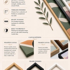 The image is a collage of various framed artworks and a list of canvas options, showcasing the quality and thoughtfully crafted nature of the frames.