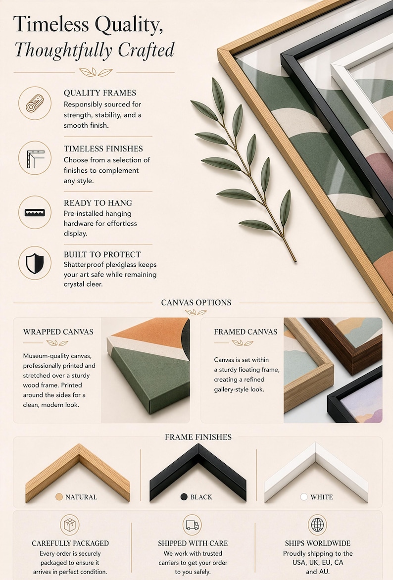 The image is a collage of various framed artworks and a list of canvas options, showcasing the quality and thoughtfully crafted nature of the frames.