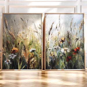 Wildflower Wall Art Set of 2, Floral Meadow Diptych, Rustic Botanical Prints, Cottagecore Wall Decor, Nature Artwork, Living Room Wall Art