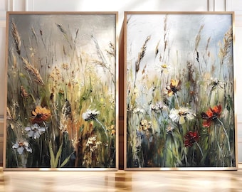 Wildflower Wall Art Set of 2, Floral Meadow Diptych, Rustic Botanical Prints, Cottagecore Wall Decor, Nature Artwork, Living Room Wall Art
