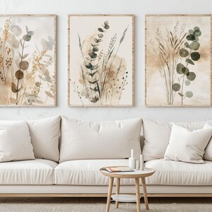 Botanical Wall Art Set of 3 Frame Artwork Neutral Minimalist Prints ...