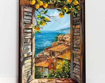 Widok z otwartego okna, sztuka ścienna, śródziemnomorski obraz nadmorski, błękitne morze i terakotowe dachy, wydruk w stylu impasto, drzewo cytrynowe, wystrój domu w stylu wiejskim