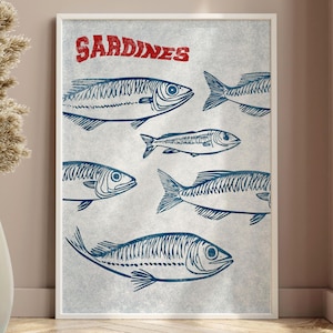 Vintage Sardinen Poster Retro Muschel Wand Kunst Küste Küche Dekor Nautische Fisch Illustration Fischer Geschenk Rustikaler Fisch Druck