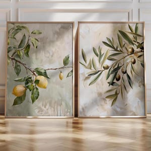 Wandbild-Set mit Zitrone und Olive (2-teilig), mediterrane Küchenwandkunst, Zitronenbild-Kunstdruck, botanische Küchenmotive, rustikale Wanddekoration in neutralen Farben