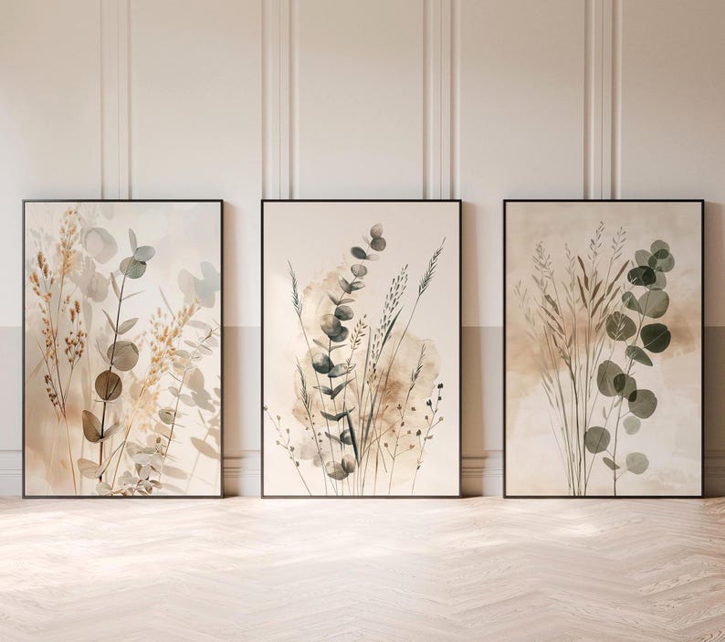 Botanical Wall Art Set of 3 Frame Artwork Neutral Minimalist Prints ...