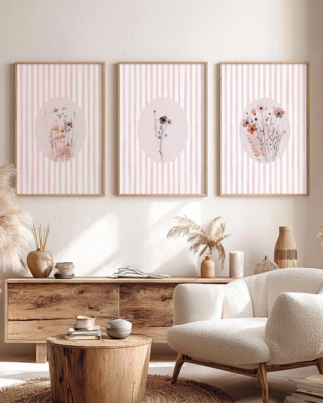 Pink Striped Floral Art Prints Set of 3 Minimalistic Flower Art French ...