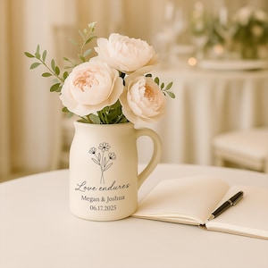 Custom Wedding Vase | Love Forever Motto |Personalized Couple Names and Date | Ceramic Memorial Vase | Minimalist Floral Design|Wedding Gift