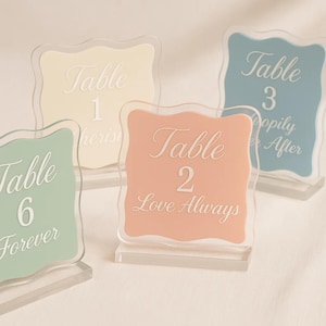 Letrero de mesa acrílico con borde ondulado personalizado | Letrero de mesa para boda | Tarjeta de asiento "Love Always" | Decoración romántica para mesa de boda | Artículos de boda modernos y sencillos