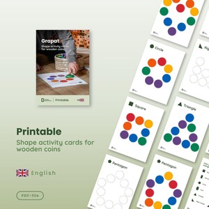 Op de afbeelding: Printbare vormactiviteitenkaarten voor houten munten. De kaarten tonen kleurrijke cirkels, vierkanten, driehoeken en vijfhoeken. Ze zijn ontworpen voor educatief spel en bevatten de tekst "Grapat" en "Printable".