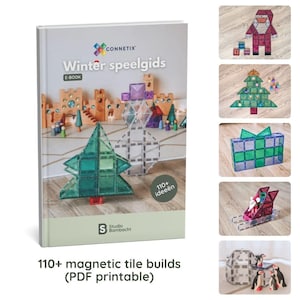 Könnte beinhalten: Ein Buch mit dem Titel "Winter speelgids" mit einem grünen Weihnachtsbaum aus Magnetfliesen. Das Bild zeigt auch andere Konstruktionen, darunter einen Weihnachtsmann, eine Geschenkbox und Pinguine, die alle aus farbigen Magnetfliesen bestehen. Der Text lautet "110+ magnetic tile builds (PDF printable)."