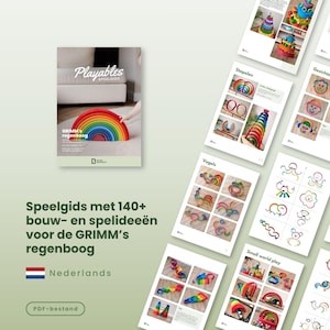 Pode incluir: Um brinquedo de empilhar arco-íris de madeira colorida e um livreto intitulado "Playables" são exibidos. O livreto apresenta o texto "GRIMM's regenboog" e "Speelgids met 140+ bouw- en spelideeën". O brinquedo é de madeira.