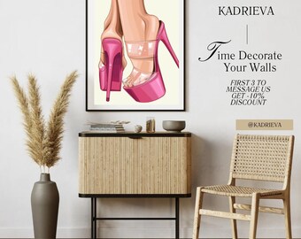 Rosa High Heels Wand Kunst zum ausdrucken - Mode Illustration Druck, Glam Schuhkunst, digitaler Download, schickes Zimmer Dekor, moderne feminine Poster