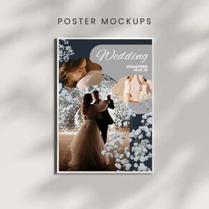 May include: A poster mockup with a wedding theme. The design features a collage of wedding photos, including a couple dancing and embracing. The word "Wedding" is displayed prominently, along with the names "LISA&FRED" and the date "30.07.25".