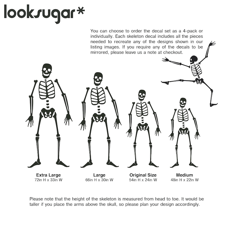 May include: Black skeleton decals in various sizes, including Extra Large (183cm H x 84cm W), Large (168cm H x 76cm W), Original Size (137cm H x 61cm W), and Medium (122cm H x 56cm W). Decals are available individually or as a set.
