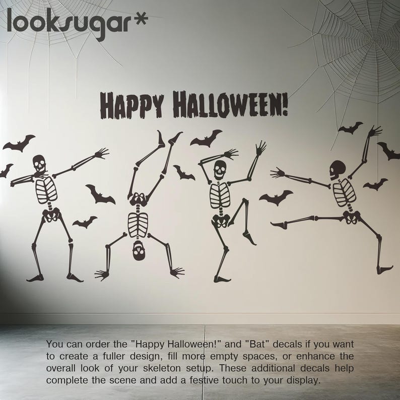 May include: Black Halloween wall decals showing dancing skeletons and bats. The phrase "HAPPY HALLOWEEN!" is displayed above the skeletons. These decals are designed to add a festive touch to your Halloween decor.