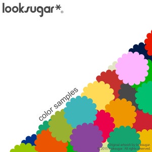 Könnte beinhalten: Ein farbenfrohes Grafikdesign mit dem Text "looksugar*" und "color samples" auf weißem Hintergrund. Das Design zeigt eine Vielzahl von Farben in Form von Blütenblättern.
