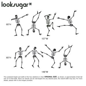 May include: Black skeleton decals in various poses, with text indicating a height of 152 cm and a width of 399 cm. The decals are for Halloween or themed decor. The brand name "looksugar*" is at the top.