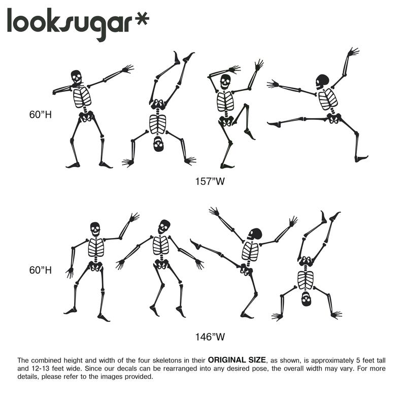 May include: Black skeleton decals in various poses, with text indicating a height of 152 cm and a width of 399 cm. The decals are for Halloween or themed decor. The brand name "looksugar*" is at the top.
