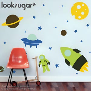 Outer Space Wall Decal – Rocket Ship & Planets – Nursery Wall Art for Kids&#39; Room – Vinyl Wall Sticker – Space Theme Décor - LSWD-0083