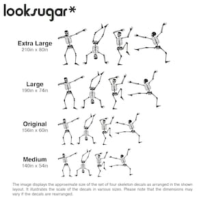 May include: Black skeleton decals in various poses, including handstands and dancing, are shown in four sizes: Extra Large (533cm x 203cm), Large (483cm x 188cm), Original (396cm x 152cm), and Medium (356cm x 137cm). The image includes the looksugar* logo.