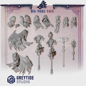 Könnte beinhalten: Eine Sammlung unbemalter Miniaturfiguren und -komponenten, darunter Charakterköpfe, Rüstungen, Umhänge und Waffen. Der Text "BIG HERO PACK" wird oben angezeigt. Das GreyTide Studio-Logo befindet sich unten.