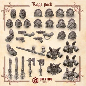 May include: A selection of unpainted grey plastic miniatures, including heads, shoulder pads, weapons, and armour pieces. The image features the text "Rage pack" at the top and the Greytide Studio logo at the bottom. The miniatures are for a tabletop game.