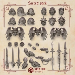 Puede incluir: Una colección de componentes de juego en miniatura grises etiquetados como Sacred pack, que incluye hombreras, cabezas esculpidas, propulsores alados, escudos pequeños, espadas, lanzas y accesorios de armas de fuego sobre un fondo color pergamino.