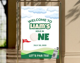 Editable Hole in One First Birthday Welcome Sign | Golf Themed Party Welcome Sign | Birthday Par-TEE | Hole in One | Instant Canva Template