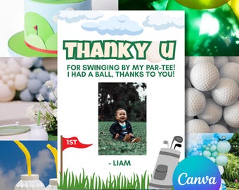 Pode incluir: Um convite para uma festa com tema de golfe com o texto "THANK YOU" e "FOR SWINGING BY MY PAR-TEE! I HAD A BALL, THANKS TO YOU!". O convite inclui uma foto de um bebê, bolas de golfe e um bolo com tema de golfe.