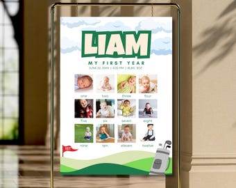 May include: A personalized baby milestone poster featuring the name "LIAM" in green block letters. The poster includes a collage of twelve baby photos, a golf course design, and the text "MY FIRST YEAR".