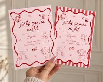May include: Two rectangular party invitations with a light pink background and red line art. The text reads "girly games night", "hosted by Sophie", "Friday 5th March @ 6pm", "Bring your own games - I've got wine!", and "XOXO". Illustrations include a disco ball, popcorn, wine glasses, playing cards, and dice.