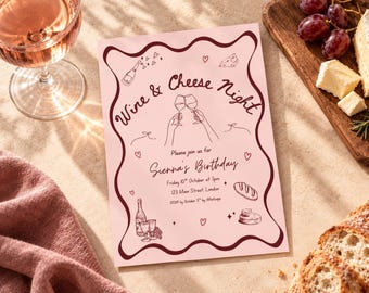 Op de afbeelding: Een rechthoekige uitnodigingskaart met een lichtroze achtergrond en een donkerrode golvende rand. De tekst luidt Wine & Cheese Night, Please join us for Sienna's Birthday, Friday 10th October at 7pm, 123 Main Street, London, RSVP by October 5th by Whatsapp.