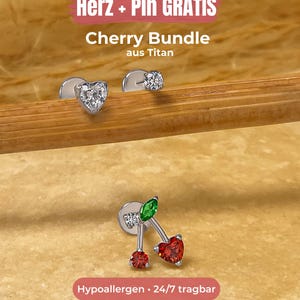 Conjunto Cherry Bomb fabricado 100% en titanio: incluye corazón y pasador, pendientes de parte trasera plana, apto para llevar las 24 horas, hipoalergénico, prueba gratuita de 90 días.