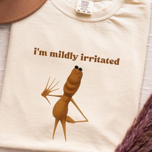 May include: Cream-colored t-shirt with the phrase "I'm mildly irritated" in brown lettering. A cartoonish brown creature with black sunglasses and outstretched arms is featured below the text. The shirt has a tag that reads "Comfort Colors".