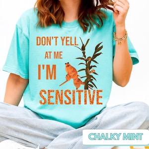 Puede incluir: Una camiseta azul claro con el texto naranja "DON'T YELL AT ME I'M SENSITIVE". La camiseta presenta una ilustración de dibujos animados de una criatura y una planta. La parte inferior de la camiseta tiene el texto "CHALKY MINT".