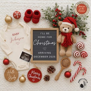 Faire-part de grossesse numérique pour Noël \ Faire-part de bébé prévu pour décembre \ Non sexiste\ Modèle modifiable \ Je serai à la maison pour Noël