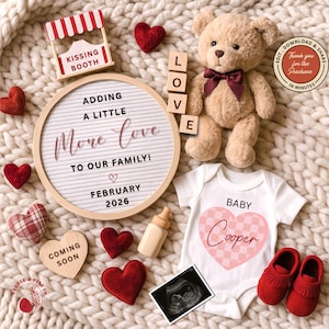 Valentinstag Digitale Schwangerschaftsankündigung ""Februar Baby Ankündigung" ""Gender Neutral" "" Bearbeitbare Vorlage" ""Kleiner Valentinstag Unterwegs""."