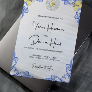Amalfi Coast Wedding Invitation Elegant Mediterranean and Lemon Theme, Custom Digital Stationery Italian Lemon and Blue Tile Theme Canva