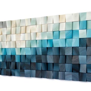 Ocean Depths: Coastal Wave Wooden Mosaic - 3D Seascape Wall Art - Marine Blue Gradient Panel - Acoustic Wood Diffuser