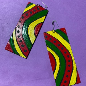 Rasta African Red Green Yellow Black Rectangle Wood Earrings 3"